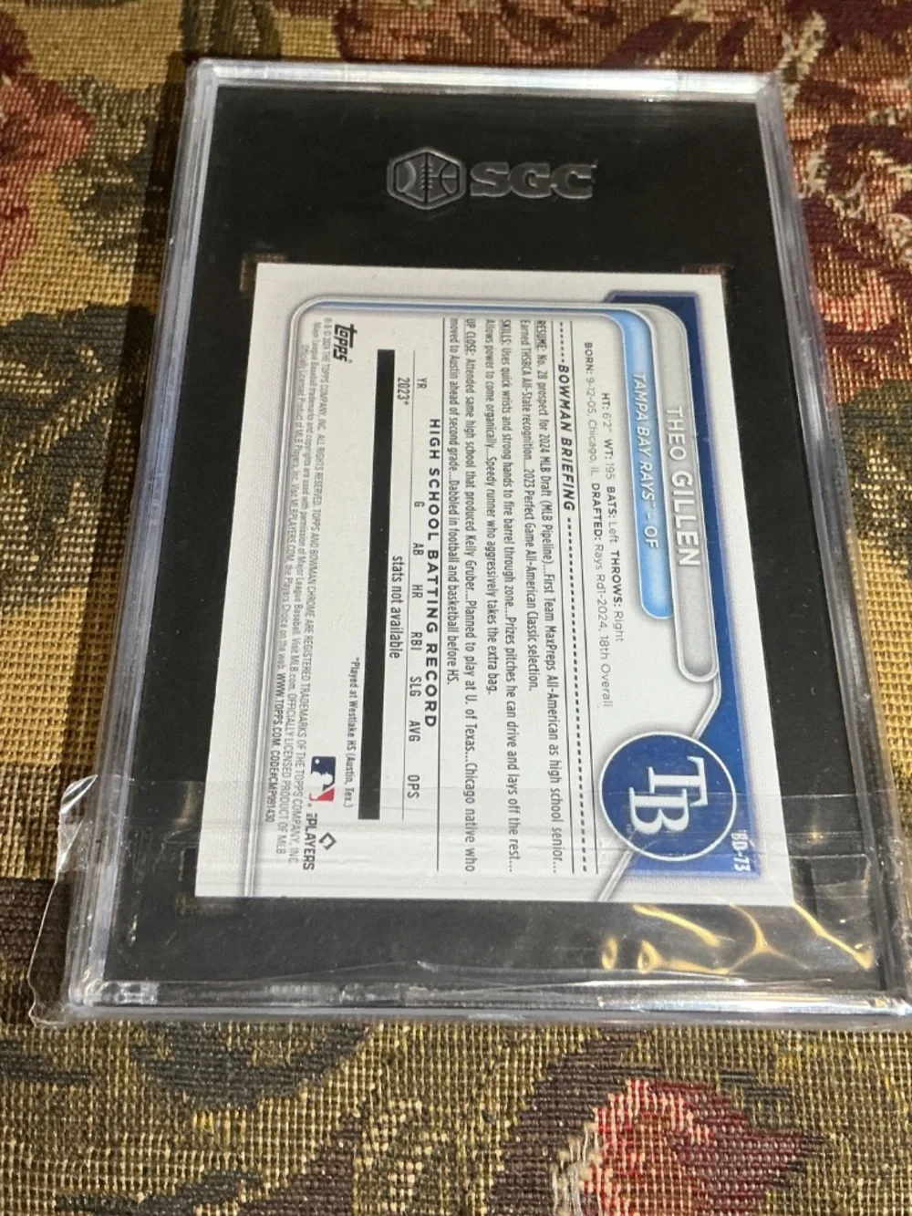 2024 Bowman Draft BD-73 Theo Gillen 1st Bowman Rookie card graded SGC 9.5
